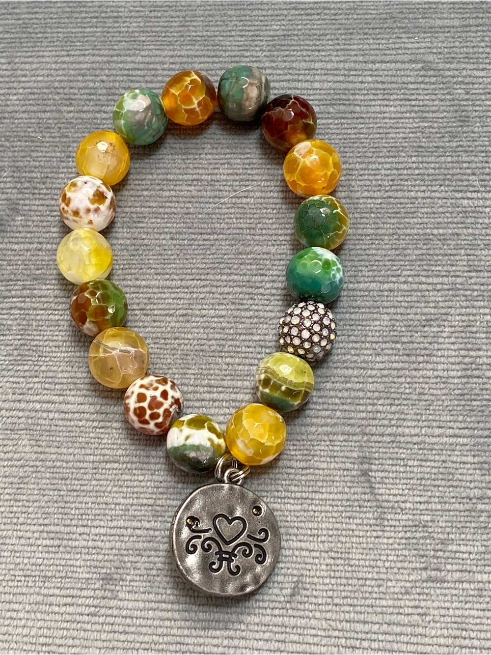 Multicolor Fire/Dragon Vein Agate Beaded Bracelet with a silver 2 side charm - Picture 16 of 17
